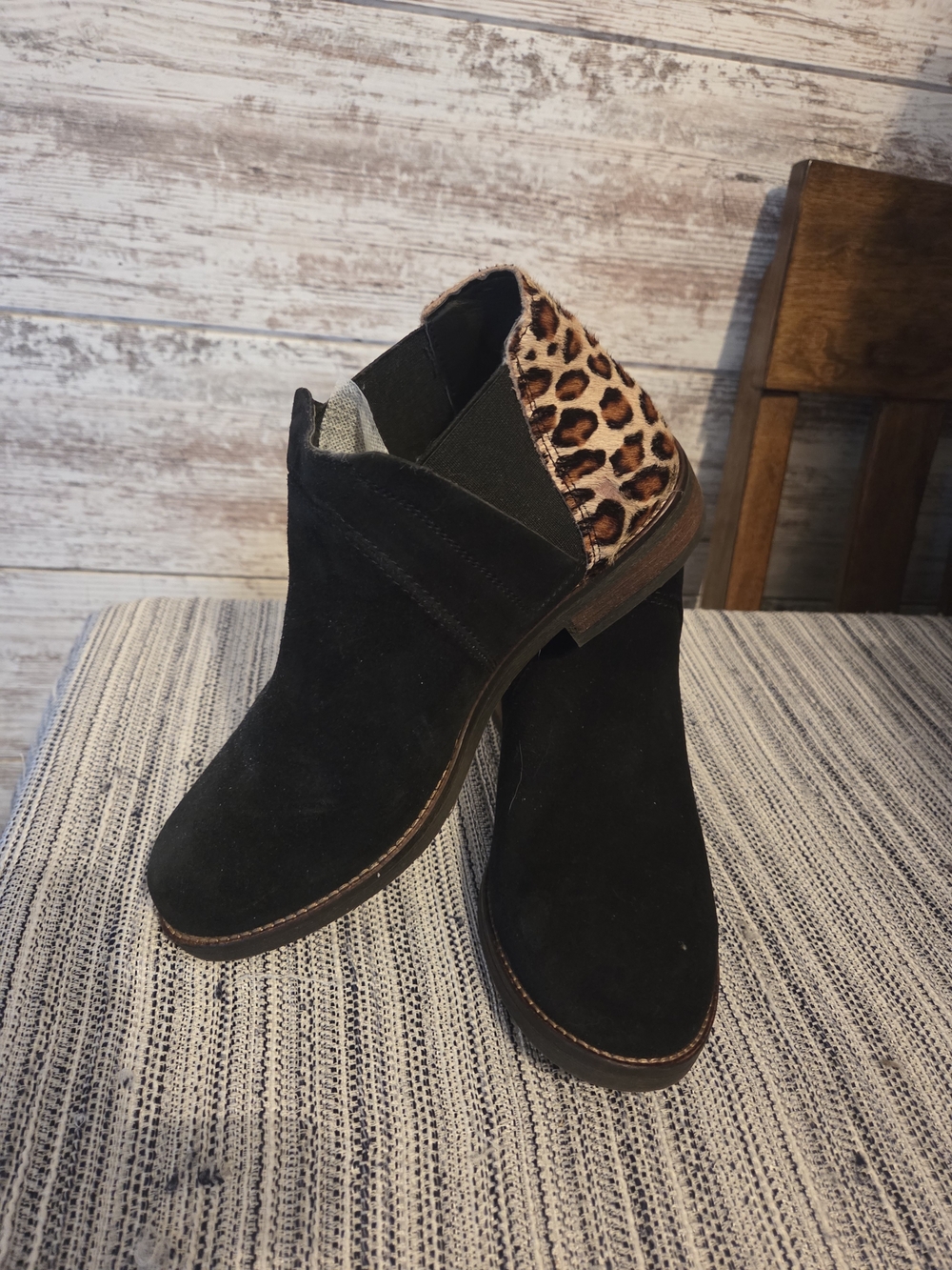 Black Suede Ankle Boots with Leopard Accent